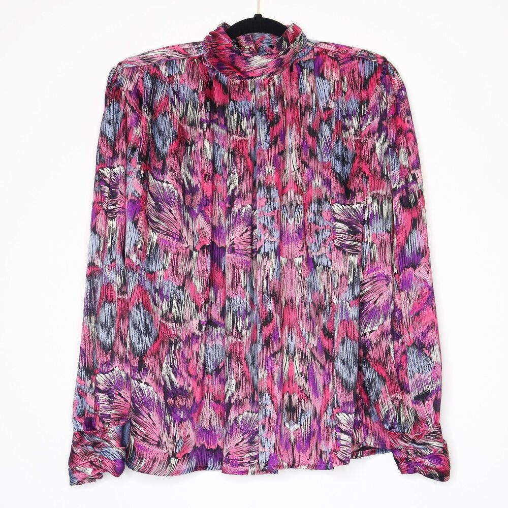 TJW by Mervyn's VTG Womens Blouse L Pink Leaf Abstract Long Sleeve‎